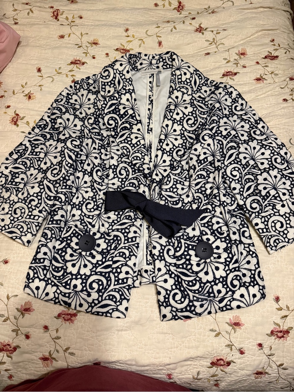 Classiques Entier Women's Navy & White Floral Belted Jacket Linen Embroidered